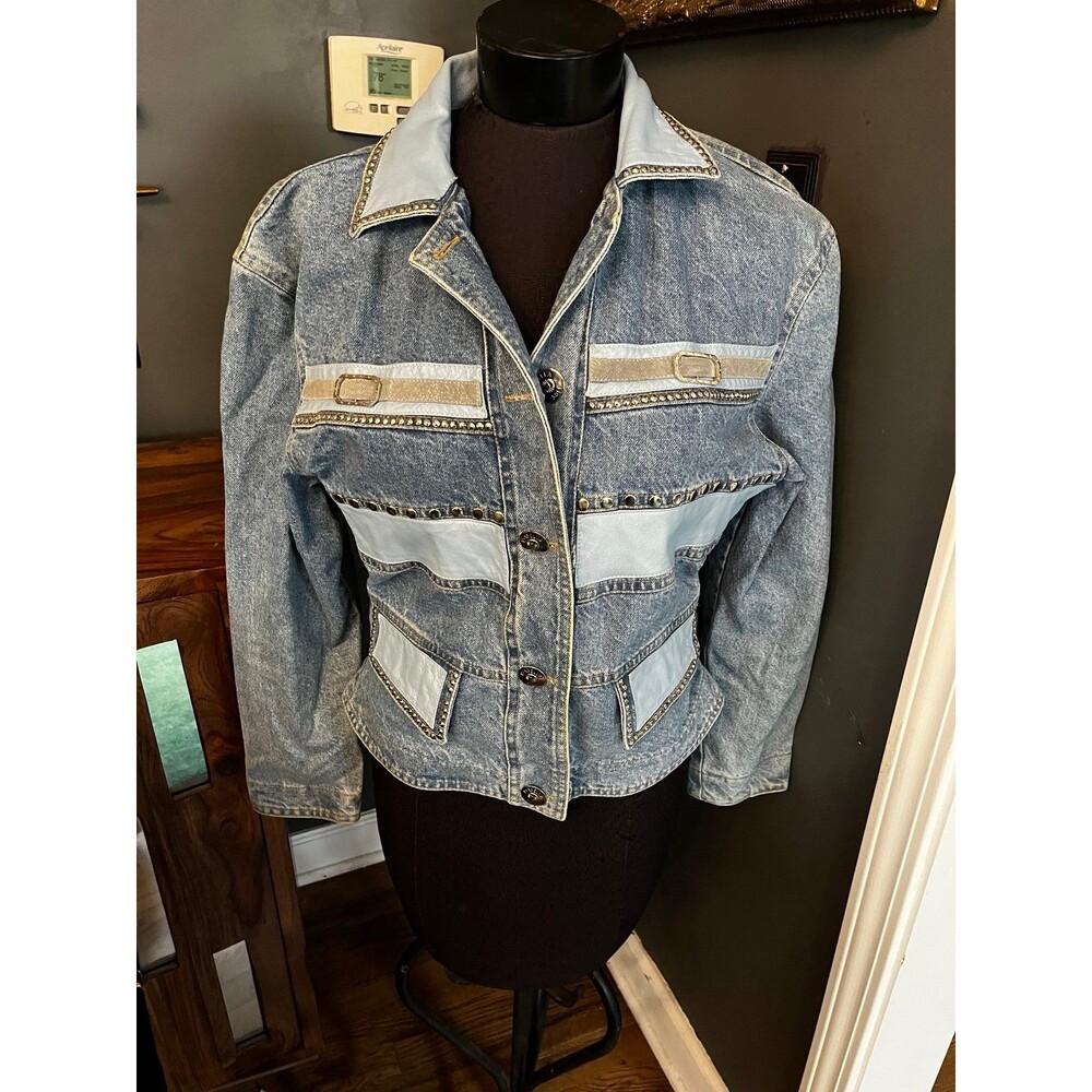 Vintage 90’s Y2K Cache’ by Isabella Sole Denim Leather Patchwork Studs Jacket M - Picture 2 of 9